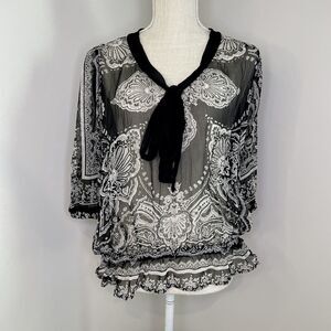 Karen Kane 100% Silk Top Sheer Floral 3/4 Balloon Sleeve V Neck Black White Sz L